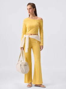 Loungeista Women's Asymmetrical Neck Striped Print Long Sleeve Top And Pants PJS Curve Two Pieces Set Women 2 Pieces Sets Casual Two Pieces Set - Yellow - View 1