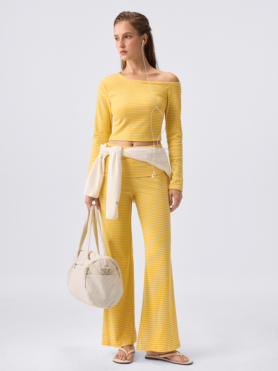 Loungeista Women's Asymmetrical Neck Striped Print Long Sleeve Top And Pants PJS Curve Two Pieces Set Women 2 Pieces Sets Casual Two Pieces Set