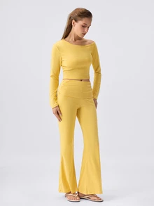 Loungeista Women's Asymmetrical Neck Striped Print Long Sleeve Top And Pants PJS Curve Two Pieces Set Women 2 Pieces Sets Casual Two Pieces Set - Yellow - View 3