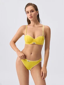 Loungeista 2pcs Set Underwire 1/2 Cup Lift & Gather Minimalist Comfortable High Elasticity High Support Women's Bra Set - Yellow - View 6