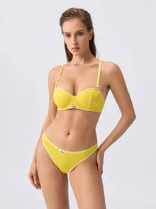 Loungeista 2pcs Set Underwire 1/2 Cup Lift & Gather Minimalist Comfortable High Elasticity High Support Women's Bra Set - Yellow - View 3