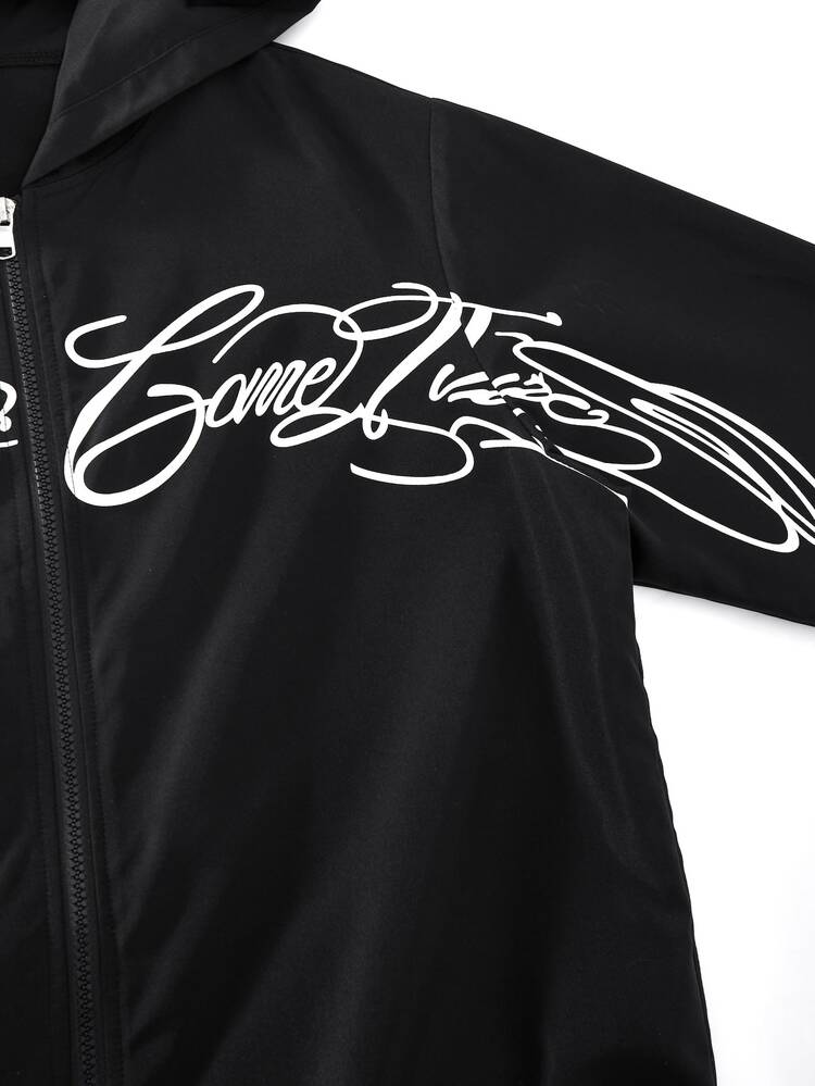Vacaura American Street Racing Style Line Hooded Jacket, Zipper Hooded Outerwear, Curved Contrast Stitching Design On Body, Short Loose Fit Flattering And Versatile, Suitable For All Body Types; Full Zipper Closure For Flexible Styling, Perfect For Daily Wear, Street Style, Spring/Autumn Single Wear, And Early Winter Layering - Black - View 5