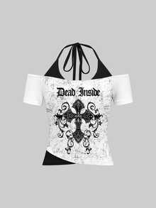 Attitoon Áo thun nữ phong cách Y2K đường phố Punk Goth gợi cảm in hình chữ thập và chữ cái, dáng ôm, 2 trong 1, thích hợp cho mùa hè. - Nhiều màu - Xem 4