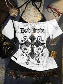 Attitoon Áo thun nữ phong cách Y2K đường phố Punk Goth gợi cảm in hình chữ thập và chữ cái, dáng ôm, 2 trong 1, thích hợp cho mùa hè. - Nhiều màu - Xem 2