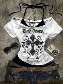 Attitoon Áo thun nữ phong cách Y2K đường phố Punk Goth gợi cảm in hình chữ thập và chữ cái, dáng ôm, 2 trong 1, thích hợp cho mùa hè. - Nhiều màu - Xem 1