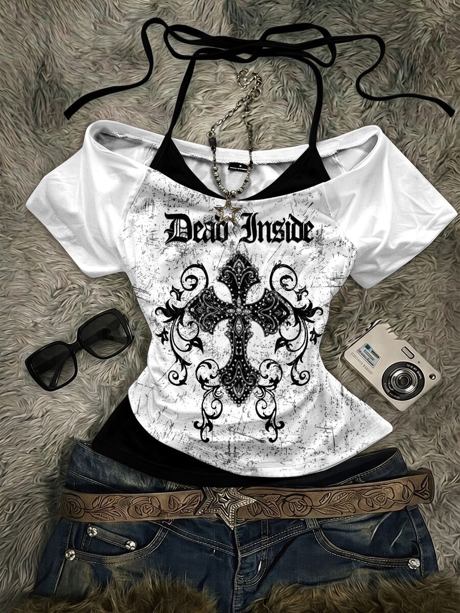 Attitoon Áo thun nữ phong cách Y2K đường phố Punk Goth gợi cảm in hình chữ thập và chữ cái, dáng ôm, 2 trong 1, thích hợp cho mùa hè. - Nhiều màu - Xem 1