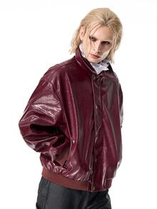 ROMWE MEN Street Life Men's Street Style Button Long Sleeve Pocket PU Material Jacket - Burgundy - View 6