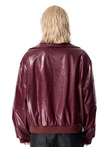 ROMWE MEN Street Life Men's Street Style Button Long Sleeve Pocket PU Material Jacket - Burgundy - View 3