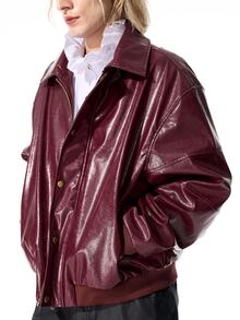 ROMWE MEN Street Life Men's Street Style Button Long Sleeve Pocket PU Material Jacket - Burgundy - View 4