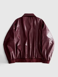 ROMWE MEN Street Life Men's Street Style Button Long Sleeve Pocket PU Material Jacket - Burgundy - View 10