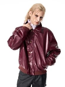 ROMWE MEN Street Life Men's Street Style Button Long Sleeve Pocket PU Material Jacket - Burgundy - View 5
