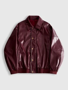 ROMWE MEN Street Life Men's Street Style Button Long Sleeve Pocket PU Material Jacket - Burgundy - View 9