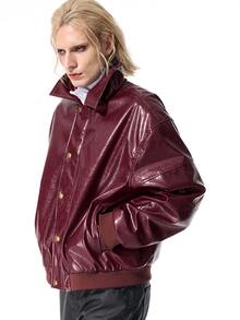 ROMWE MEN Street Life Men's Street Style Button Long Sleeve Pocket PU Material Jacket - Burgundy - View 7
