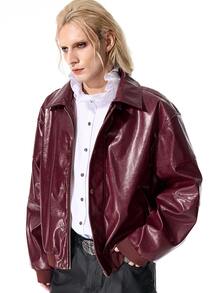 ROMWE MEN Street Life Men's Street Style Button Long Sleeve Pocket PU Material Jacket - Burgundy - View 1