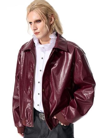 Street Life Men's Street Style Button Long Sleeve Pocket PU Material Jacket