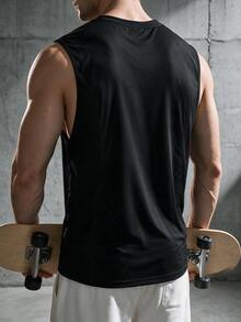 Coreblaze 男士拼色黑色無袖運動背心，極簡運動休閒印花健身跑步籃球訓練背心 T-shirt 夏季 - 黑色 - 查看 2