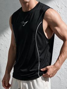 Coreblaze 男士拼色黑色無袖運動背心，極簡運動休閒印花健身跑步籃球訓練背心 T-shirt 夏季 - 黑色 - 查看 6