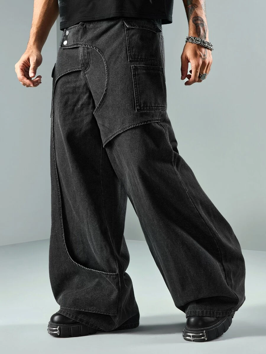 ROMWE MEN Street Life Men's Fashion Structural Design Jeans - Black - View 1
