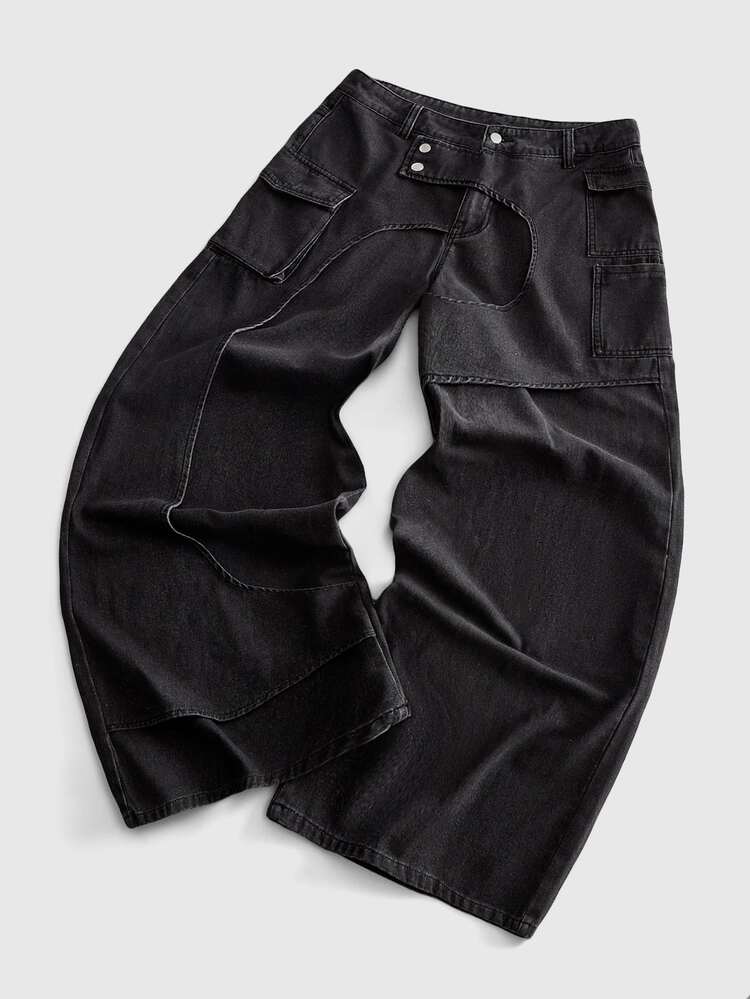 ROMWE MEN Street Life Men's Fashion Structural Design Jeans - Black - View 8