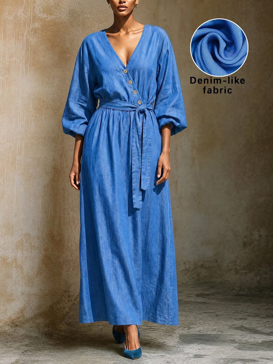 Linhara CURVE Plus-Size Women's Autumn Casual Asymmetric V-Neck Cinched Waist Dress Is Suitable For Daily Elegant Activities, Commuting, Parties And Other Occasions - Blue - View 1