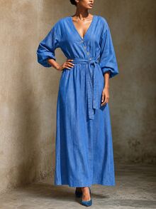 Linhara CURVE Plus-Size Women's Autumn Casual Asymmetric V-Neck Cinched Waist Dress Is Suitable For Daily Elegant Activities, Commuting, Parties And Other Occasions - Blue - View 4