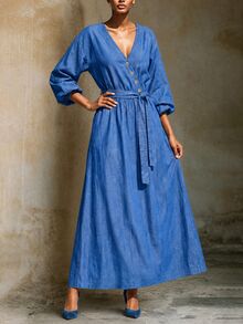 Linhara CURVE Plus-Size Women's Autumn Casual Asymmetric V-Neck Cinched Waist Dress Is Suitable For Daily Elegant Activities, Commuting, Parties And Other Occasions - Blue - View 3