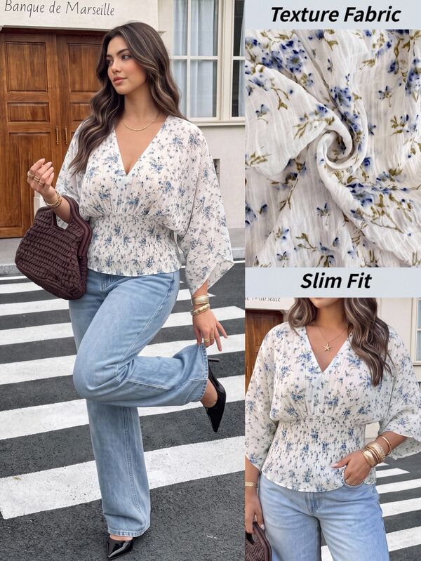 Easura Autumn New Blue Floral Pattern Textured Fabric Batwing Long Sleeve V-Neck Fashion Vacation Women's Blouse Fall