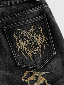 ROMWE MEN Street Life Men's Centipede Embroidered Pattern Pocket Button Casual Daily Denim Jeans - Black - View 5