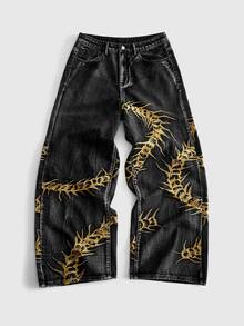 ROMWE MEN Street Life Men's Centipede Embroidered Pattern Pocket Button Casual Daily Denim Jeans - Black - View 1