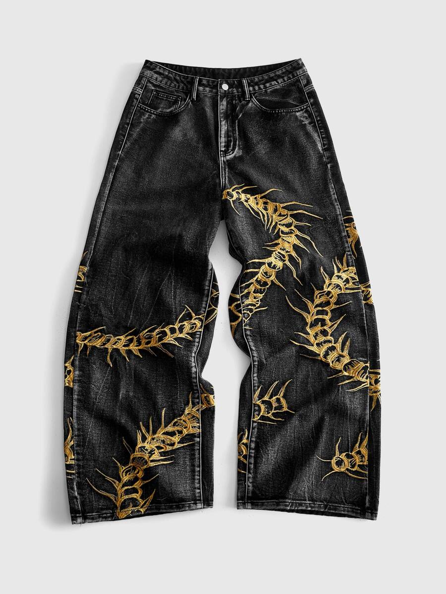 ROMWE MEN Street Life Men's Centipede Embroidered Pattern Pocket Button Casual Daily Denim Jeans - Black - View 1