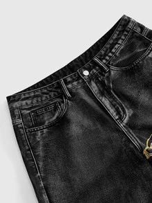 ROMWE MEN Street Life Men's Centipede Embroidered Pattern Pocket Button Casual Daily Denim Jeans - Black - View 3