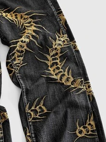 ROMWE MEN Street Life Men's Centipede Embroidered Pattern Pocket Button Casual Daily Denim Jeans - Black - View 4