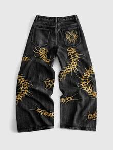 ROMWE MEN Street Life Men's Centipede Embroidered Pattern Pocket Button Casual Daily Denim Jeans - Black - View 2