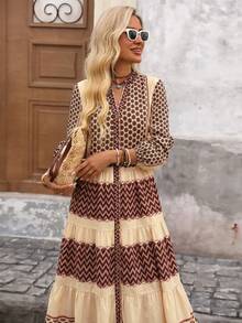 Brillora Women's Vacation Wavy Striped Single-Breasted Casual Long Dress - Brown - View 3