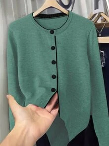 Franclia Fashionable Blogger-Inspired Colorblock Loose Fit Crew Neck Sweater Jacket, European & American Style - Dark Green - View 3