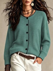 Franclia Fashionable Blogger-Inspired Colorblock Loose Fit Crew Neck Sweater Jacket, European & American Style - Dark Green - View 1