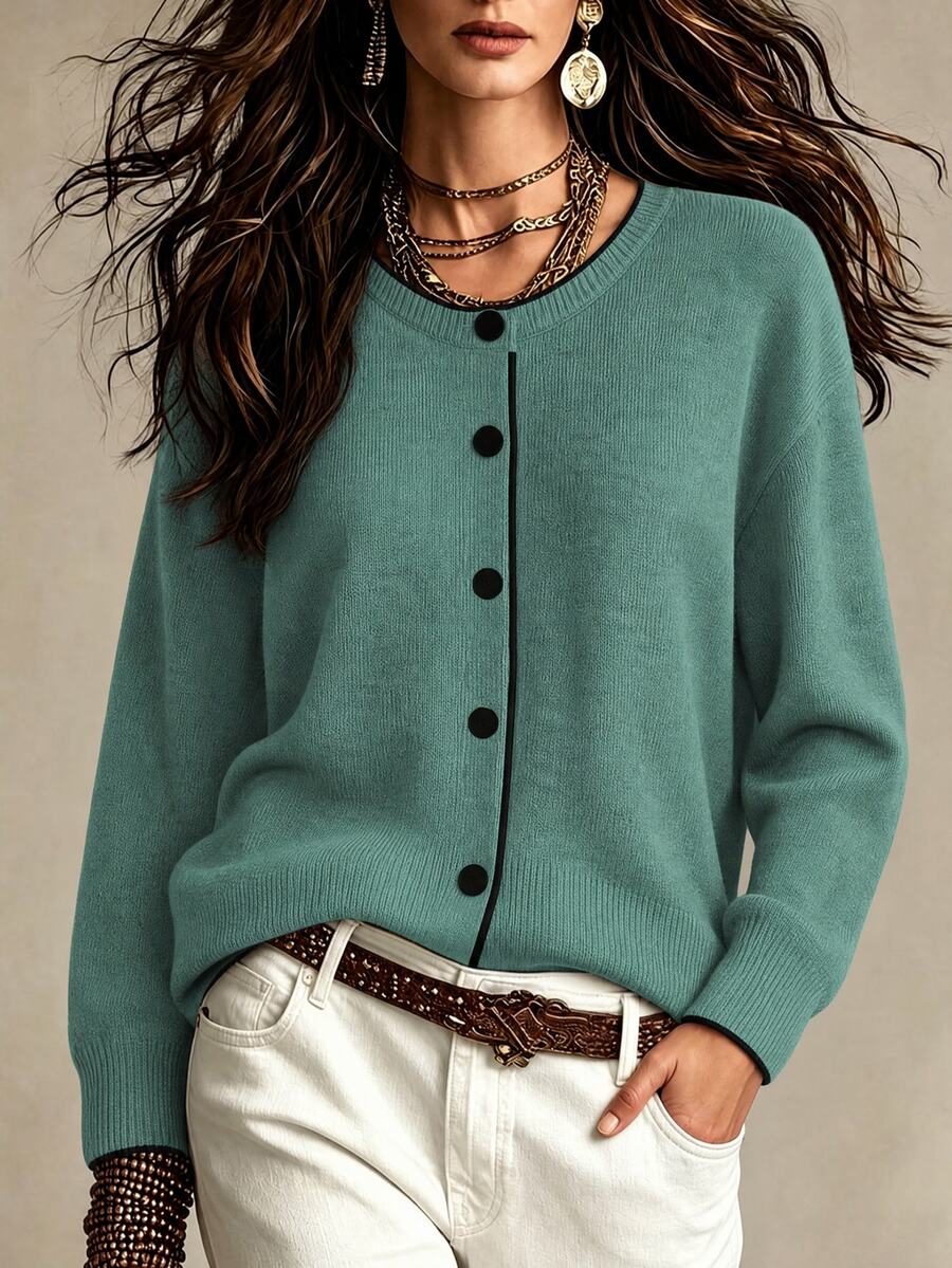 Franclia Fashionable Blogger-Inspired Colorblock Loose Fit Crew Neck Sweater Jacket, European & American Style - Dark Green - View 1