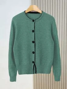 Franclia Fashionable Blogger-Inspired Colorblock Loose Fit Crew Neck Sweater Jacket, European & American Style - Dark Green - View 6