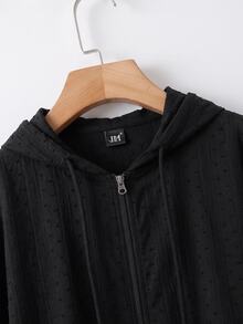 SHEIN CURVE+ 大尺碼女款純色抽繩連帽休閒日常襯衫 - 黑色 - 查看 5