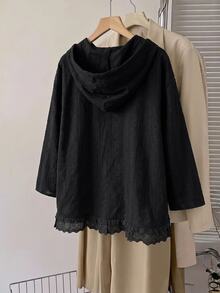SHEIN CURVE+ 大尺碼女款純色抽繩連帽休閒日常襯衫 - 黑色 - 查看 2