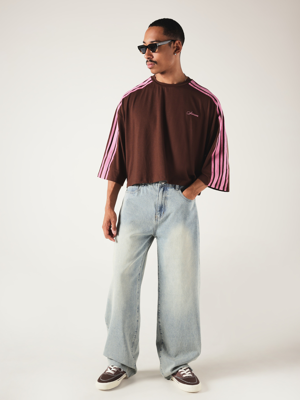 Oversized Boxy Crop Tee With Pink Side Stripe Detail And Script Logo Embroidery Crew Neck Elbow Sleeve Top