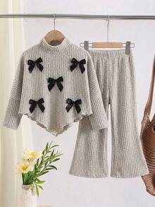 SHEIN Young Girl Knit Solid Color 3D Bow Asymmetrical Hem Casual T-Shirt And Long Pants 2 Pieces Set - Khaki - View 5