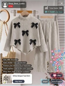 SHEIN Young Girl Knit Solid Color 3D Bow Asymmetrical Hem Casual T-Shirt And Long Pants 2 Pieces Set - Khaki - View 1