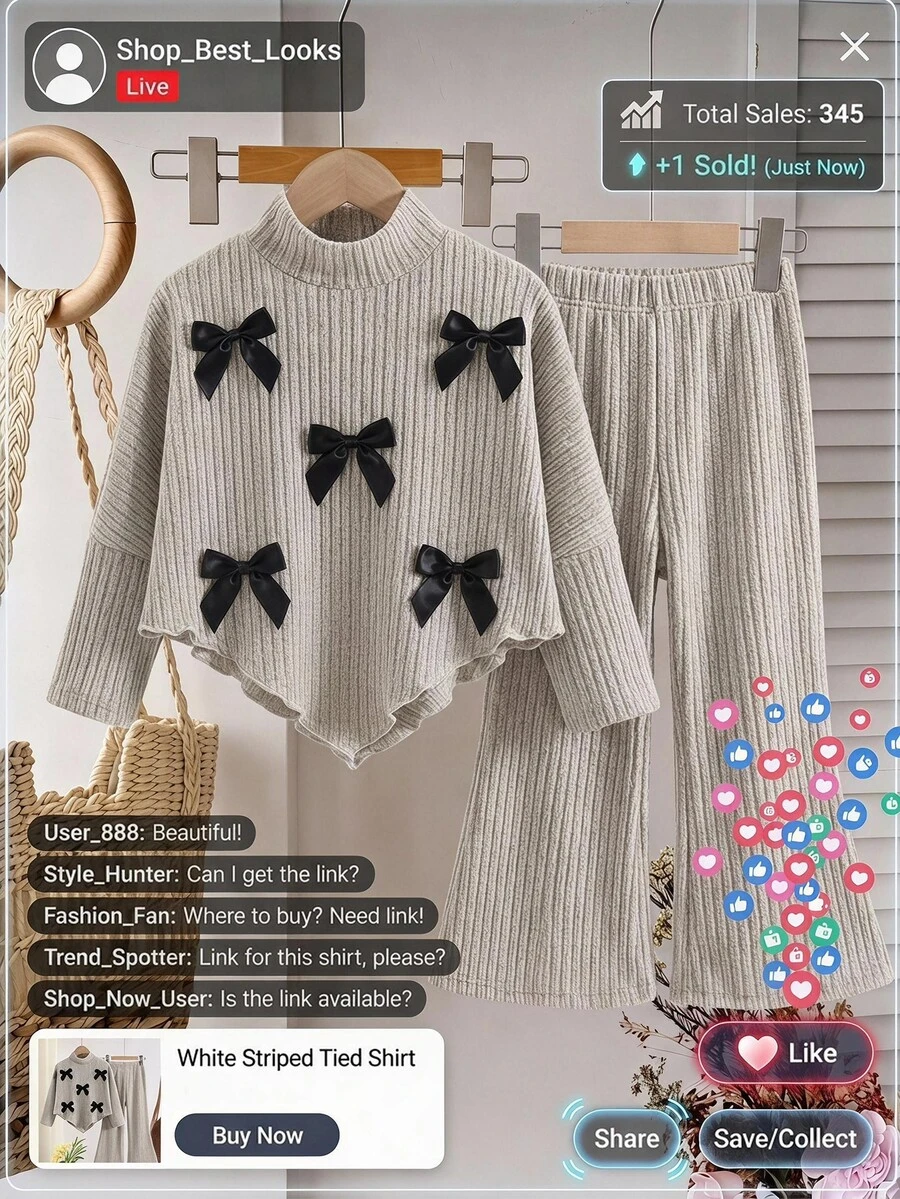 SHEIN Young Girl Knit Solid Color 3D Bow Asymmetrical Hem Casual T-Shirt And Long Pants 2 Pieces Set - Khaki - View 1