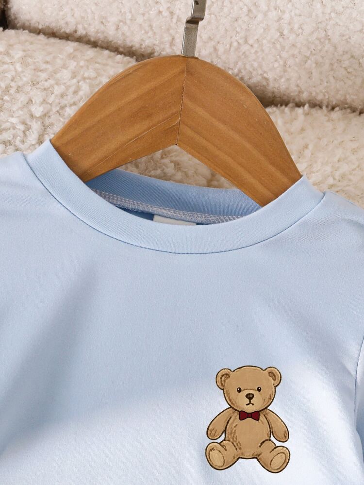 SHEIN Vintaside Kids 2-Piece Baby Boys Round Neck Long Sleeve & Long Pants Autumn/Winter Pajamas, Baby Blue Cartoon Bear Graphic & Plaid Print Lightweight Soft Knit - Blue and White - View 3