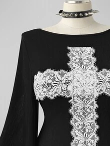 Sunspun Dark-Colored Plus-Size Asymmetrical Knit T-Shirt With Plus Size, Exaggerated Bell Sleeves And Lace Cross Detailing; A Gothic/Punk Edgy Style. Fall - White - View 4