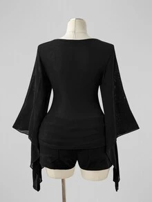 Sunspun Dark-Colored Plus-Size Asymmetrical Knit T-Shirt With Plus Size, Exaggerated Bell Sleeves And Lace Cross Detailing; A Gothic/Punk Edgy Style. Fall - White - View 2