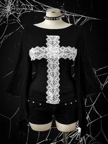 Sunspun Dark-Colored Plus-Size Asymmetrical Knit T-Shirt With Plus Size, Exaggerated Bell Sleeves And Lace Cross Detailing; A Gothic/Punk Edgy Style. Fall - White - View 1