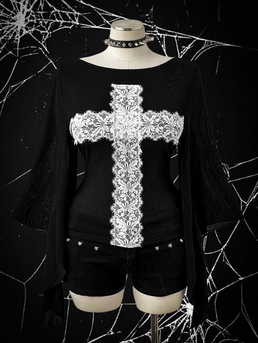 Sunspun Dark-Colored Plus-Size Asymmetrical Knit T-Shirt With Plus Size, Exaggerated Bell Sleeves And Lace Cross Detailing; A Gothic/Punk Edgy Style. Fall - White - View 1