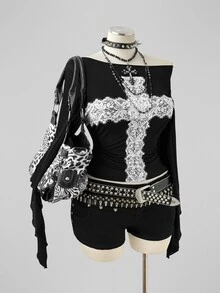Sunspun Dark-Colored Plus-Size Asymmetrical Knit T-Shirt With Plus Size, Exaggerated Bell Sleeves And Lace Cross Detailing; A Gothic/Punk Edgy Style. Fall - White - View 5